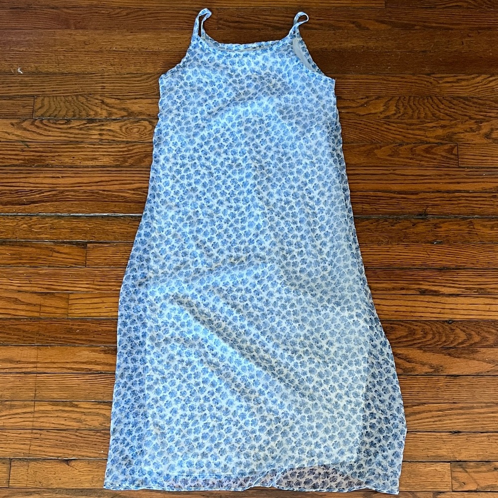 Blue Floral 1990s Sleeveless Dress